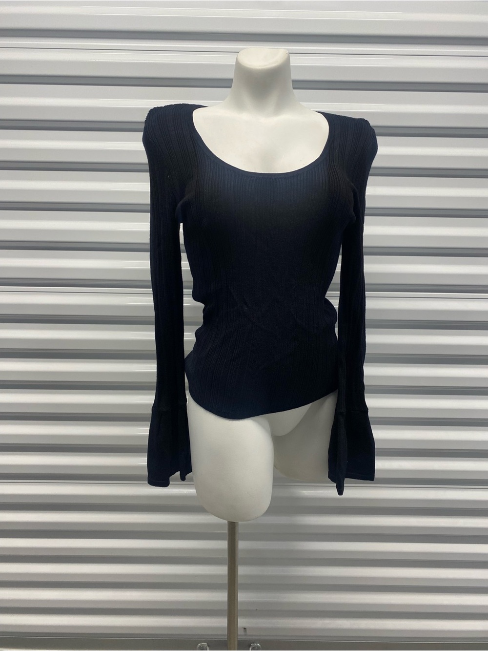 White House Black Market Black Ribbed Scoop Neck Long Sleeve Top
